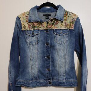 Forever 21 denim jacket floral tapestry yoke blue size L